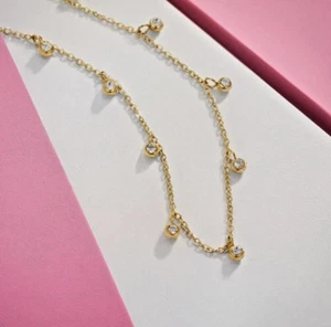 Gold Cable Chain Necklace 4mm Round Cubic Zirconia Charms Cute Gift For Women - Picture 1 of 4