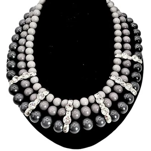 Chicos Womens Silver Tone Triple Strand Faux Pearl Rhinestone Necklace Elegant - Picture 1 of 4