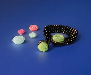 Carved Rose 3 In 1 Bracelet & Ring Set. HSN Interchangeable Stones In 3 Colors - Picture 1 of 21