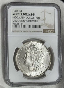 1887 Mcclaren Morgan Silver Dollar Mint Error Obverse Struck Through NGC MS64 - Picture 1 of 2