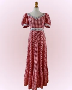 1970s vintage maxi dress prairie / regency style, red gingham, size 12 - Picture 1 of 8