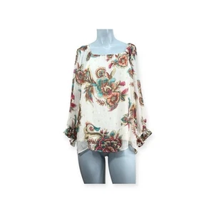 Women's JM collection PXL white floral print top gold metallic accents Boho - Picture 1 of 8