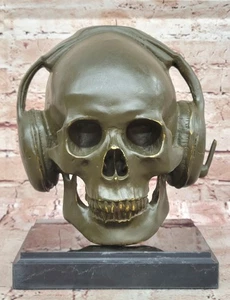 Bronze Skull Music Lover Sculpture Signed Miguel Lopez Figurine Halloween Gift - Picture 1 of 10