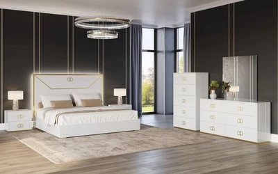 Modern Italian 5PC Gloss White Gold LED Queen King Bedroom Set Vogue Bed/D/M/N/C - Image 1 of 4