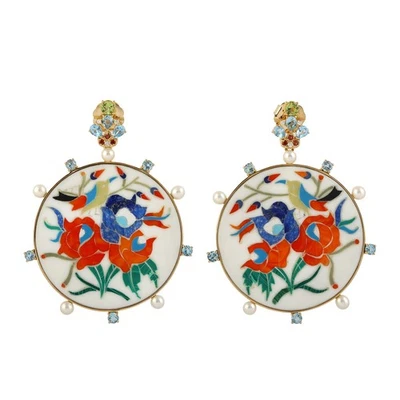 18k Yellow Gold Bakelite Dangle Earrings With Diamond Pearl Topaz Peridot - Image 1 of 4