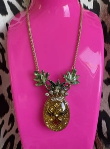 Betsey Johnson Summer Picnic Lucite Pineapple Face Crystal Fruit Crown Necklace - Picture 1 of 6