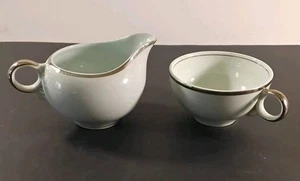 Vintage Light Powder Blue Creamer And Tea Cup Platinum Stripe Handled Set Of 2 - Picture 1 of 15