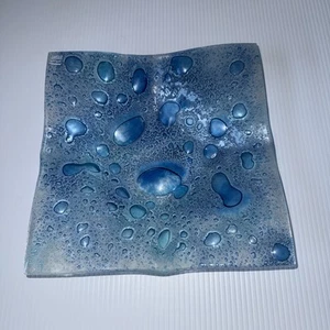 Slovakia Handmade Fused Art Glass Turquoise Raindrops Bubbles Square 10.5 - Picture 1 of 5