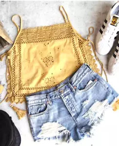 Free People Garden Party Embroidered Cami Top Women Sz S Mustard Sleeveless T4 - Picture 1 of 12