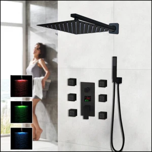 LED Black Massage Shower Faucet Set Square Shower Head 3-Way Digital Mixer Valve - Picture 1 of 18