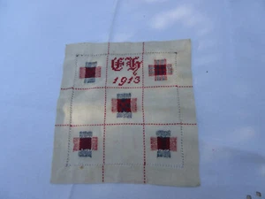 sampler darning mending signed EH 1913 turkish red cross stitch G - Picture 1 of 4