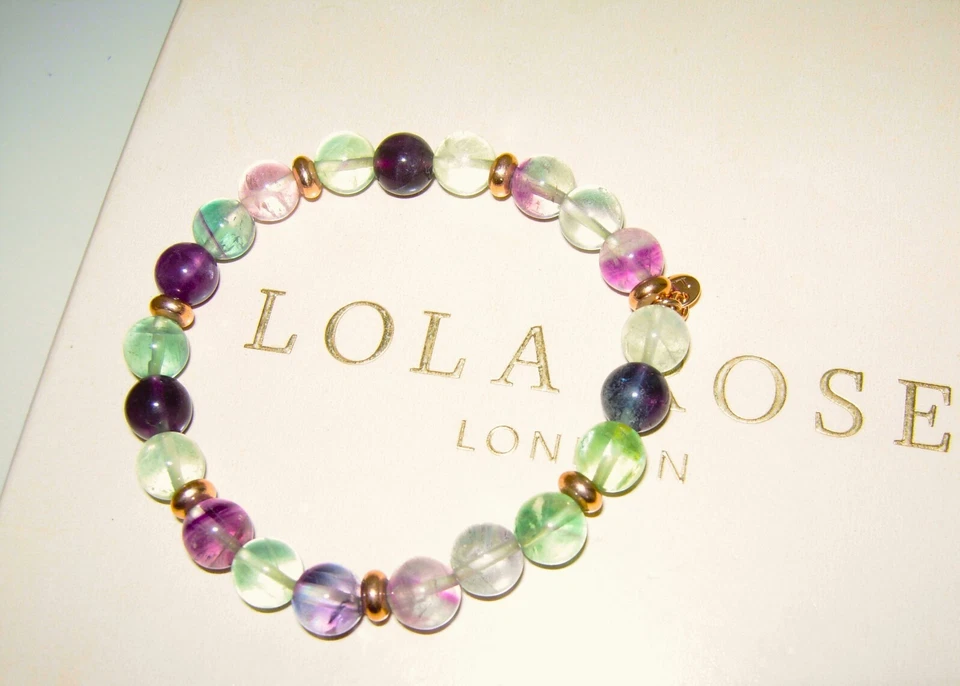 LOLA ROSE *STUNNING* RAINBOW FLUORITE GREEN PURPLE ELASTICATED BRACELET NEW  QVC - Image 1 of 1