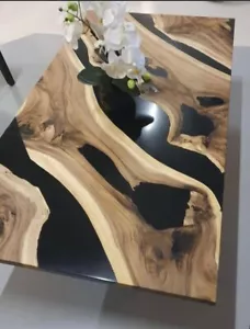 Juego de mesa de comedor de resina epoxi negra, centro, café, mesa de comedor juego de madera para 6 - Imagen 1 de 4