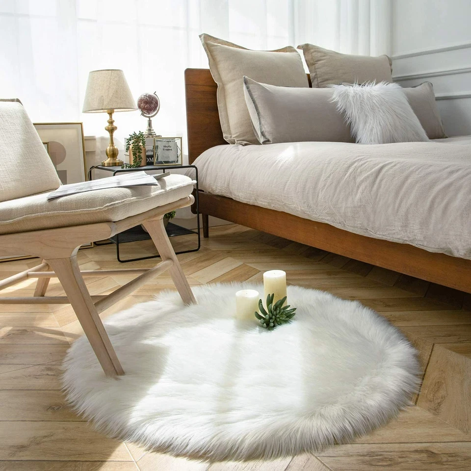 Faux Fur Sheepskin Fluffy Area Rugs Round Shaggy Carpet For Bedroom Living room - Image 1 of 4