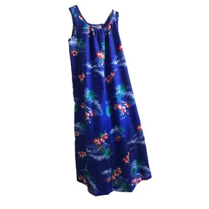 Hilo Hattie Hawaii Blumen Muumuu langes Kleid blau mit roten Hibiskusblüten - Bild 1 von 8