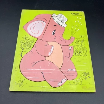 Vintage Green Playskool 275-36 Pink Elephant Wooden Puzzle - Image 1 of 4