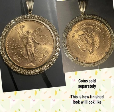 ORO 14K Bisel Cubano 50 Pesos Colgante México Moneda Centenario Marco Sólido Bisel Foto 1 de 4