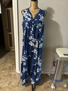 Knöchellanges ärmelloses Kleid blau mit weißen Blumen Xl 2 Taschen  - Bild 1 von 6