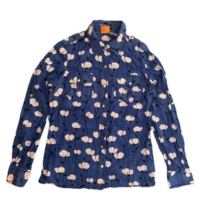 Tory Burch Women’s Blue Floral Long Sleeve Shirt with Gold Logo Buttons Size 10 - Picture 1 of 9