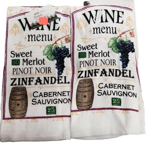 Set of 2 Same Kitchen Terry Towels (16"x26") WINE & GRAPES,MENU & WINE TYPES, AM - Picture 1 of 21