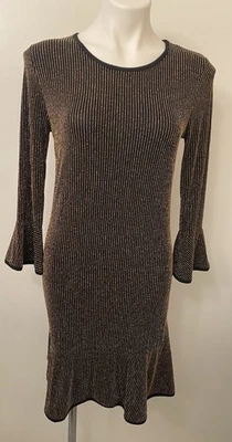 Michael Kors Black & Metallic Gold striped Ruffle Hem Sheath Dress Sz. Small NWT - Image 1 of 4