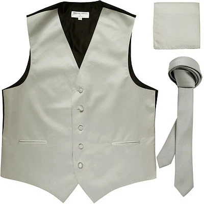 New Men's silver formal vest Tuxedo Waistcoat_1.5" necktie & hankie set wedding - Image 1 of 4