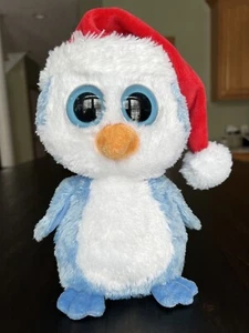 Ty Beanie Boos 10"" blauer Pinguin mit Weihnachtsmannhut 2011 weiche Ty Seidenschale - Bild 1 von 14