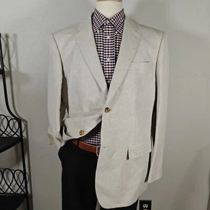 Perry Ellis Mens Sport Coat Blazer Two Button Beige Herringbone Cotton Linen 44R - Picture 1 of 15