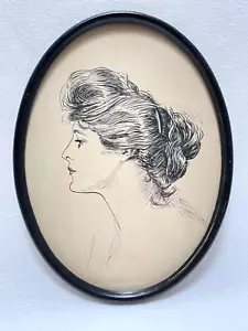Antique Framed Gibson Girl Pen & Ink Portrait Drawing Oval Signed 12.5 x 9.5 in - Picture 1 of 11