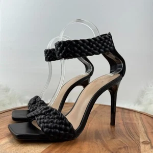 INC Adalie Black Woven Square Toe Stiletto Women's Sz 7.5 M Ankle Strap Heels - Picture 1 of 20