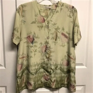 Jacques Vert Green Pink Floral Print V Neck Short Sleeve Top Size 14 - Picture 1 of 5