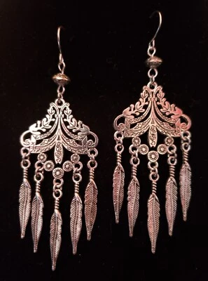 Silver Dangle Chandelier Statement Earrings w/ Feathers Handmade - Image 1 of 4