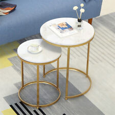 Set of 2 White Marble Nesting Coffee Table Living Room Cabin Bedroom End Tables