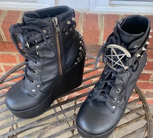 Poison 101 Demonia Boots Women 6 Black Goth Punk Studs Spikes Side Zip Lace Up - Picture 1 of 18