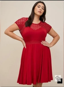 Torrid Size 4 (26) Red Mini Super Soft Lace Dolman Sleeve Inset Skater Dress NWT - Picture 1 of 11