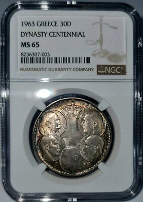 GRECIA / 1963 30 Dracmai Centenario - Cinco Reyes - ¡NGC MS 65!!! Foto 1 de 2