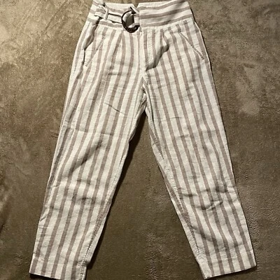 Anthropologie Pants SZ 4P Linen Striped Brown White Oasis Slim Belt D-Ring - Image 1 of 4