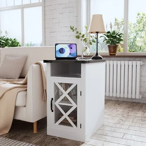 Farmhouse End Table with Charging Station Rustic Nightstand Sofa Side Table - Picture 1 of 10