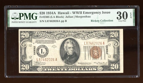DBR 1934-A $20 FRN Hawaii Fr. 2305 PMG 30 EPQ Serial L87462026A Cover