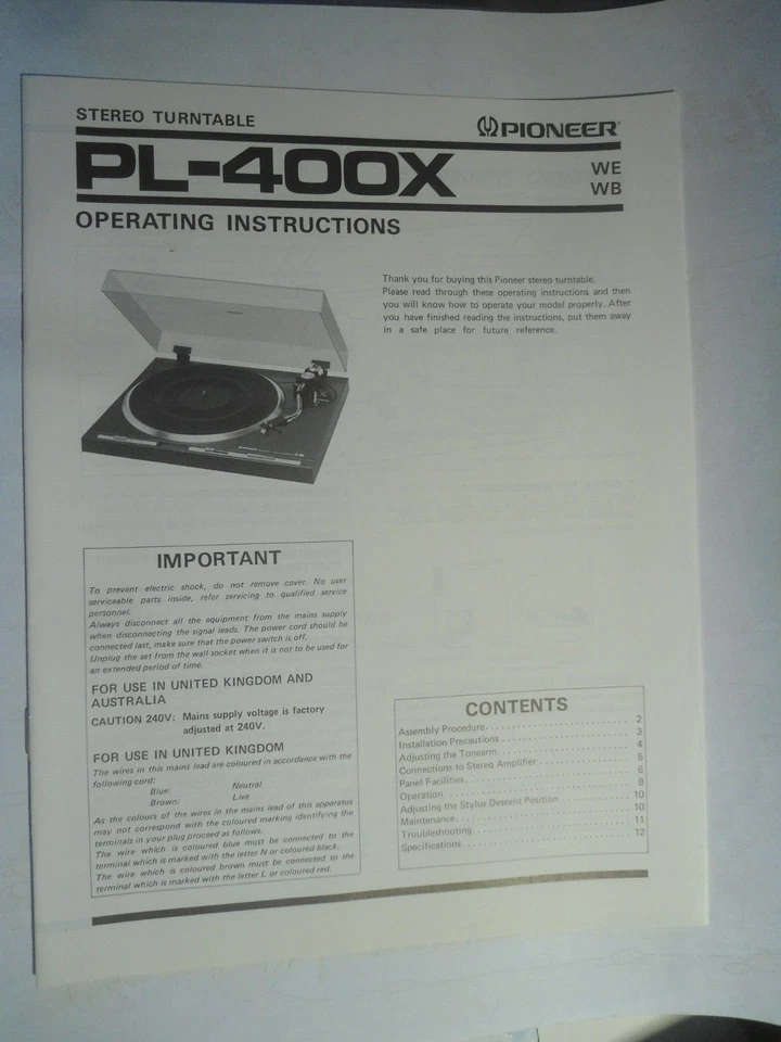 PIONEER PL-400X -  MANUALE DI ISTRUZIONI - TESTI IN LINGUA INGLESE - NO ITALIANO - Immagine 1 di 1