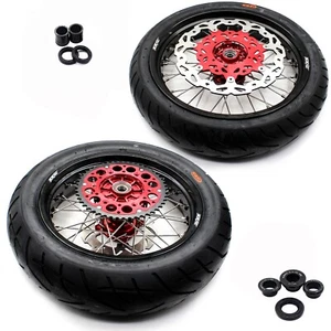 KKE 17" Supermoto Cush Drive Tires Wheels Set Fit Honda XR650R 2000-2008 Red Hub - Picture 1 of 16