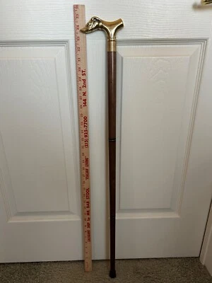Wooden Walking Stick Cane with Brass Dogs Head Handle - 3 Pieces -35" - Image 1 of 4