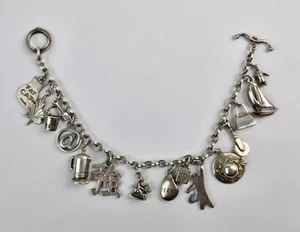Bracciale Vintage Argento Sterling 925 Charm Lunghezza 7" 15 Charms Gatto Pinguino Pace - Foto 1 di 21