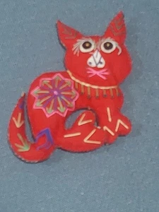 1 Vintage bunte fantasievolle bestickte Katze Stoff Ornament? Wende - Bild 1 von 2