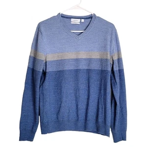 Calvin Klein Pullover Damen Large Blau V-Ausschnitt Merinowollmischung Ombre Streifen - Bild 1 von 8