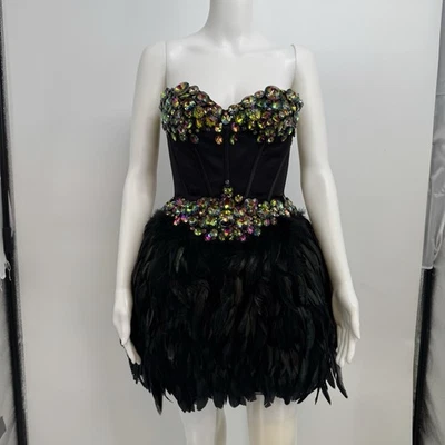 Sherri Hill Strapless Dress US Women's 2 Black Embellished Feathers - Image 1 of 4