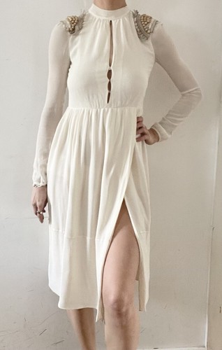 Abito Burberry Prorsum in seta di gelso panna con perline e spalle taglia 8UK