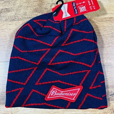Budweiser Winter Cap Hat Beanie Toboggan Blue Red Logo NEW - Image 1 of 4