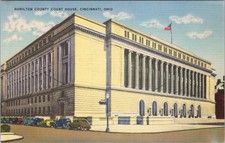 Linen postcard, old cars, Hamilton County Court House, Cincinnati, Ohio