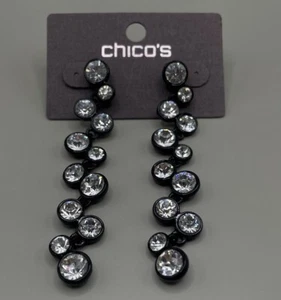 Chico’s Linda Linr Women’s Earrings Pierced Gunmetal Faceted Rhinestone Long 3” - Picture 1 of 6